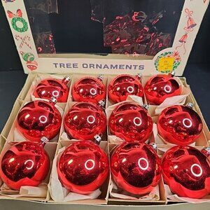 Vintage Poland Christmas Ornaments Baubles Set Of 12 RED Shiny Glass